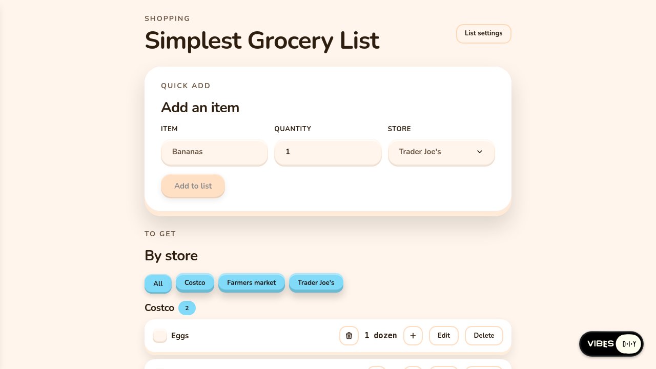 Platform screenshot of the Grocery list app built in round six